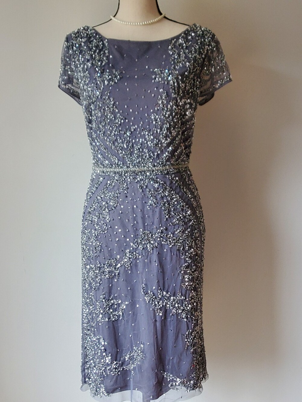 Adrianna Papell Silver Sequined Slate Gray Cocktail Midi Dress